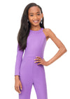 Front. Lilac ASHLEYlauren Kids 8159 chic scuba jumpsuit featuring a crew neckline, one long sleeve design, and flare pants for a modern and stylish look, perfect for any special occasion.