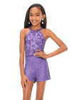 Front. Lilac ASHLEYlauren Kids 8187 Hand Beaded Halter Romper with Beaded Bodice and Shorts
