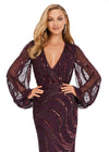 Front. Merlot ASHLEYlauren 11210 Modern Hand Beaded Gown with V-Neckline, Flowing Balloon Sleeves, Intricate Bead Motif, and High Back