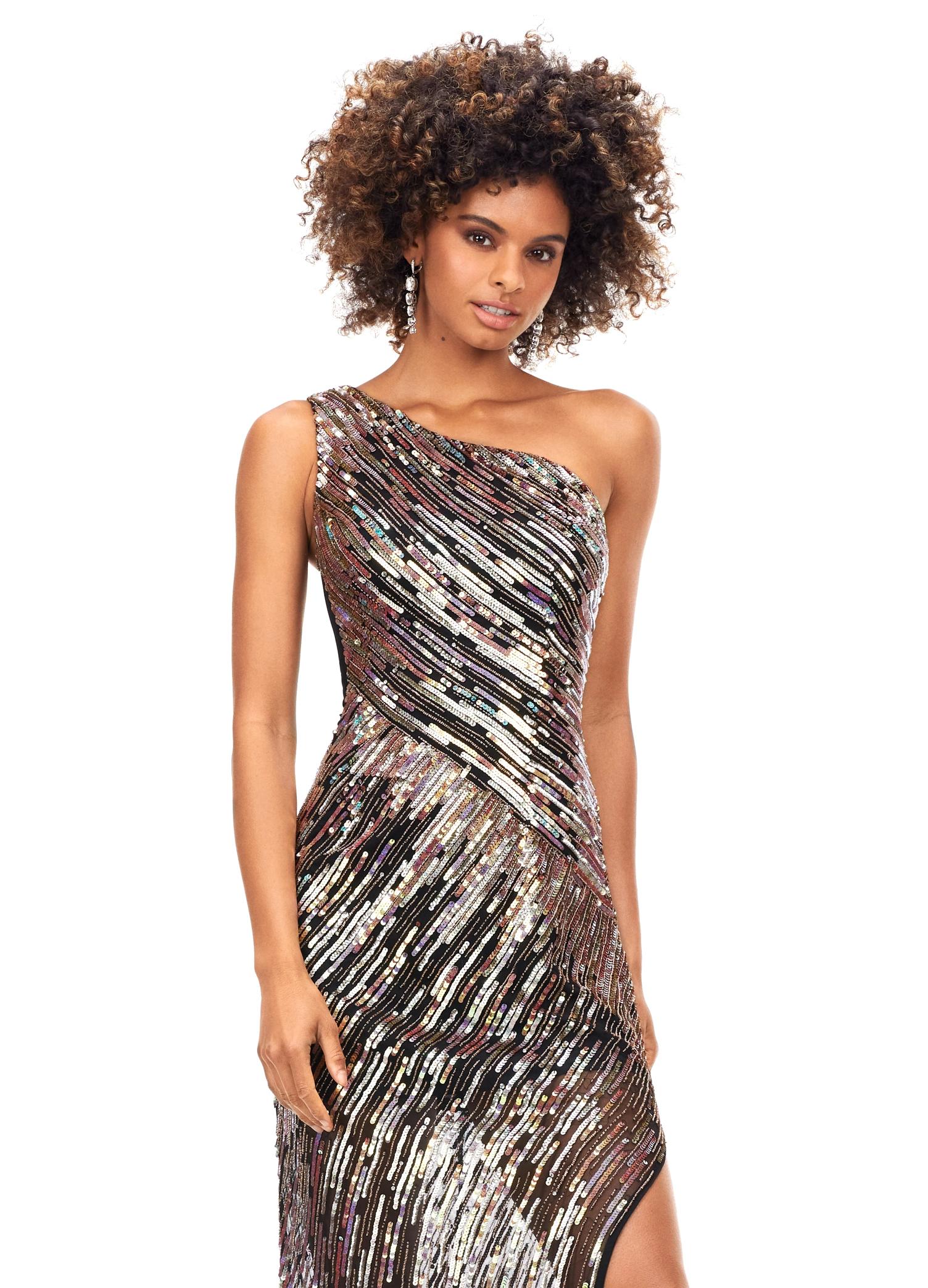 Front. Multi/Black ASHLEYlauren 11207 One-Shoulder Sequin Gown with Asymmetrical Wrap Bead Pattern, Illusion Cut-Out, Slit, and Sweep Train