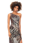 Front. Multi/Black ASHLEYlauren 11207 One-Shoulder Sequin Gown with Asymmetrical Wrap Bead Pattern, Illusion Cut-Out, Slit, and Sweep Train