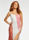 Front. Multi/Ivory ASHLEYlauren 11160 Sequin Gown with Spaghetti Straps, Colorblock Detailing, Left Leg Slit, and Two-Tone Lace-Up Strappy Back