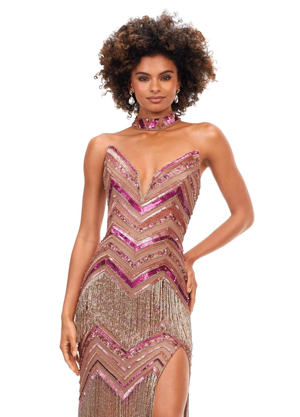 Front. Multi/Nude ASHLEYlauren 11259 art deco-inspired gown featuring a strapless bustier with built-in corset, intricate bead pattern, cascading fringe accents, left leg slit, and a beaded neck collar for a striking and elegant look.