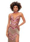 Front. Multi/Nude ASHLEYlauren 11259 art deco-inspired gown featuring a strapless bustier with built-in corset, intricate bead pattern, cascading fringe accents, left leg slit, and a beaded neck collar for a striking and elegant look.