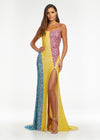 Front. Multi/Yellow ASHLEYlauren 11160 Sequin Gown with Spaghetti Straps, Colorblock Detailing, Left Leg Slit, and Two-Tone Lace-Up Strappy Back