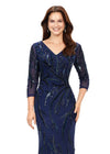 Front. Navy ASHLEYlauren 11205 Sophisticated Fitted Gown with V-Neckline, Fully Sequin Beaded Design, Three Quarter Sleeves, High Back, and Sweep Train