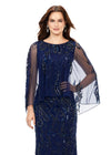 Front. Navy ASHLEYlauren 11214 Timeless Hand Beaded Gown with Crew Neckline, Sparkling Sequin Motif, Sheer Overlay, and High Back for an Elegant Look