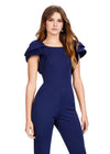 Front. Navy ASHLEYlauren 11422 stylish scuba jumpsuit featuring a crew neckline and dramatic oversized bow sleeves for a bold and elegant look.