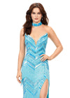Front. Neon Blue ASHLEYlauren 11259 art deco-inspired gown featuring a strapless bustier with built-in corset, intricate bead pattern, cascading fringe accents, left leg slit, and a beaded neck collar for a striking and elegant look.