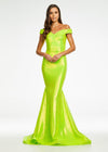 Front. Neon Green ASHLEYlauren 11109 Off-Shoulder Sequin Gown with Sweetheart Neckline, Full Zipper Back, Mermaid Silhouette, and Horsehair Hem