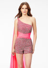Front. Neon Pink ASHLEYlauren 11228 One-Shoulder Romper with Pearls and Crystals, Featuring a Ruched Wrap Waist and Attached Chiffon Float