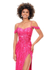 Front. Neon Pink ASHLEYlauren 11257 fully beaded gown featuring spaghetti straps, a sweetheart neckline, intricate bead pattern to accent curves, draped shoulder straps, left leg slit, and a sweep train for an elegant finish.