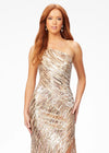 Front. Nude ASHLEYlauren 11207 One-Shoulder Sequin Gown with Asymmetrical Wrap Bead Pattern, Illusion Cut-Out, Slit, and Sweep Train