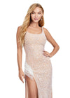 Front. Nude ASHLEYlauren 11357 glamorous fully beaded gown featuring a scoop neckline, delicate spaghetti straps, fringe-encrusted slit, and crystal accents for a dazzling old Hollywood-inspired look.