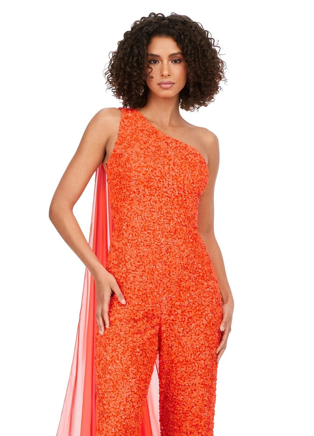 ASHLEYlauren 11384 - Sequin One-Shoulder Jumpsuit with Cape