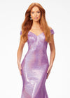 Front. Orchid ASHLEYlauren 11107 Off-Shoulder Sequin Gown with Criss-Cross Open Back, Fit & Flare Silhouette, and Horsehair Hem