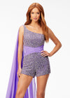 Front. Orchid ASHLEYlauren 11228 One-Shoulder Romper Fully Encrusted with Pearls and Crystals, Featuring a Ruched Wrap Waist and Attached Chiffon Float