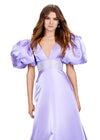Front. Orchid ASHLEYlauren 11378 Elegant Shimmer Satin A-Line Gown with V-Neckline, V-Back, Oversized Puff Sleeves, and Heat Set Detailed Waistband