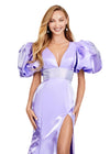 Front. Orchid ASHLEYlauren 11379 Shimmer Satin Fitted Gown with V-Neckline, Lace-Up Back, Oversized Puff Sleeves, and Scattered Heat Set Stone Waistband