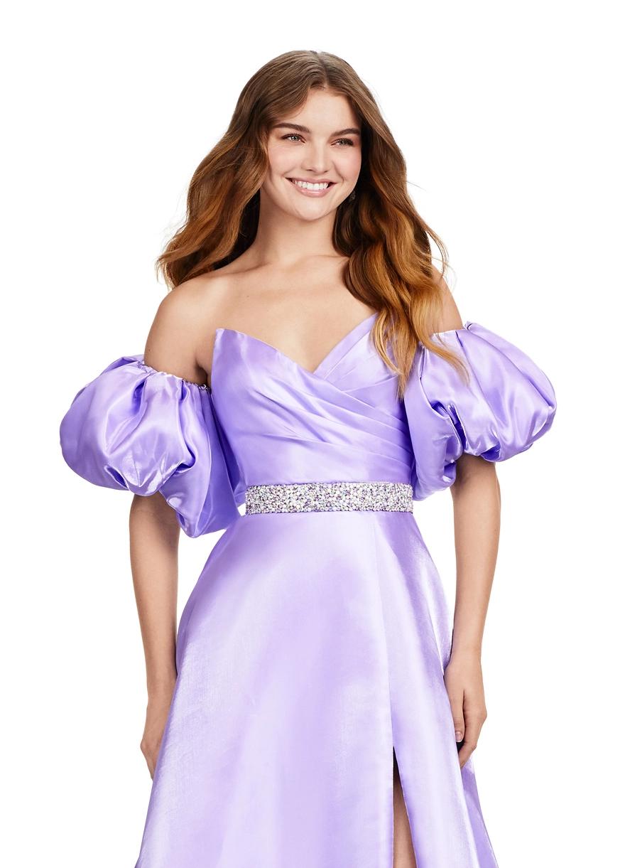 Front. Orchid ASHLEYlauren 11474 strapless satin ball gown with sweetheart neckline, beaded belt, left leg slit, and detachable puff sleeves