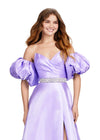 Front. Orchid ASHLEYlauren 11474 strapless satin ball gown with sweetheart neckline, beaded belt, left leg slit, and detachable puff sleeves