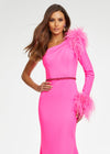 Front. Pink ASHLEYlauren 11131 One-Shoulder Scuba Gown with Feather Details, Heat-Set Stones, Crystal Belt, and Elegant Train