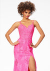 Front. Pink ASHLEYlauren 11145 Lace Gown with Spaghetti Straps, Lace Applique, Heat Press Stones, Lace-Up Back, and Left Leg Slit