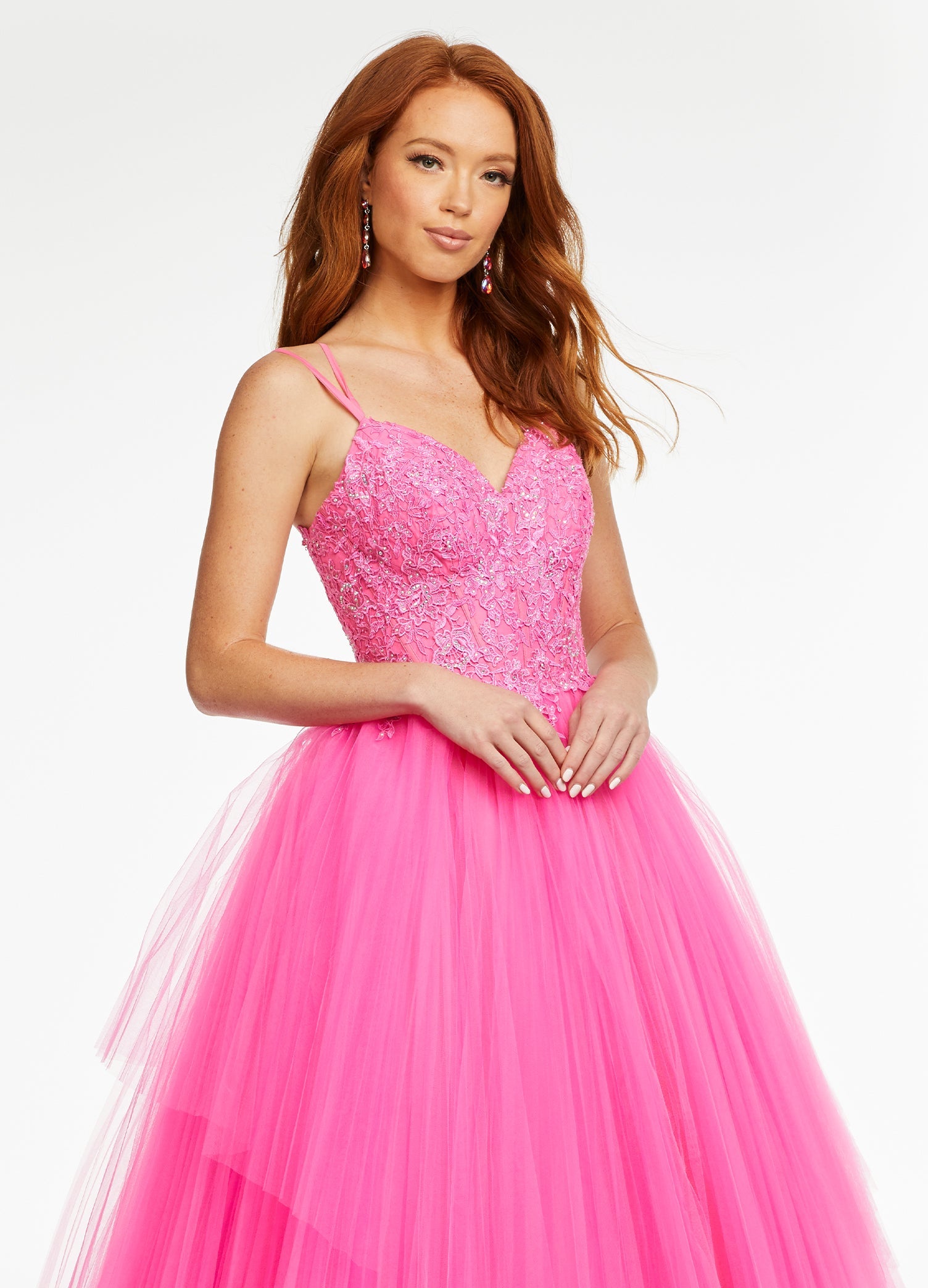 Front. Pink ASHLEYlauren 11146 Pleated Tulle Ball Gown with Spaghetti Straps, Embroidered Lace Bustier, Heat Set Stones, and Lace-Up Back