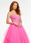 Front. Pink ASHLEYlauren 11146 Pleated Tulle Ball Gown with Spaghetti Straps, Embroidered Lace Bustier, Heat Set Stones, and Lace-Up Back