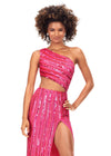 Front. Pink ASHLEYlauren 11240 fully hand-beaded one shoulder gown featuring an intricate bead pattern designed to accentuate curves, a bold cut out detail, and a left leg slit for a striking and glamorous look.