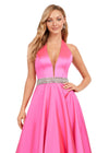 Front. Pink ASHLEYlauren 11249 elegant satin gown featuring a halter neckline, open back, and a crystal beaded accent belt for a timeless and sophisticated statement look.