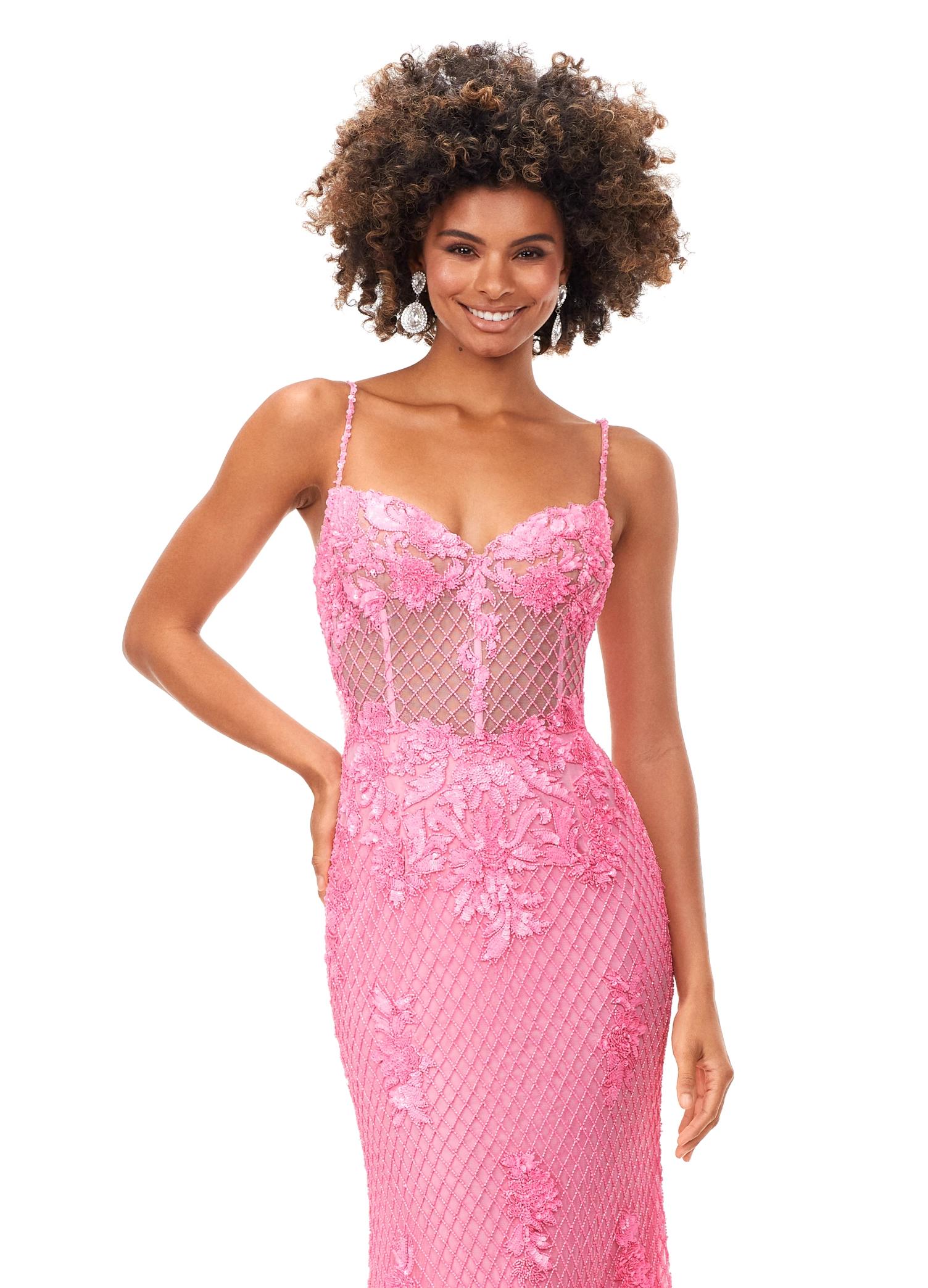 Front. Pink ASHLEYlauren 11362 elegant spaghetti strap gown featuring a sweetheart neckline, sheer illusion bustier adorned with intricate sequin details that cascade onto the skirt and hemline, and a sweep train for a glamorous and sophisticated look.