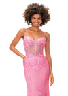 Front. Pink ASHLEYlauren 11362 elegant spaghetti strap gown featuring a sweetheart neckline, sheer illusion bustier adorned with intricate sequin details that cascade onto the skirt and hemline, and a sweep train for a glamorous and sophisticated look.