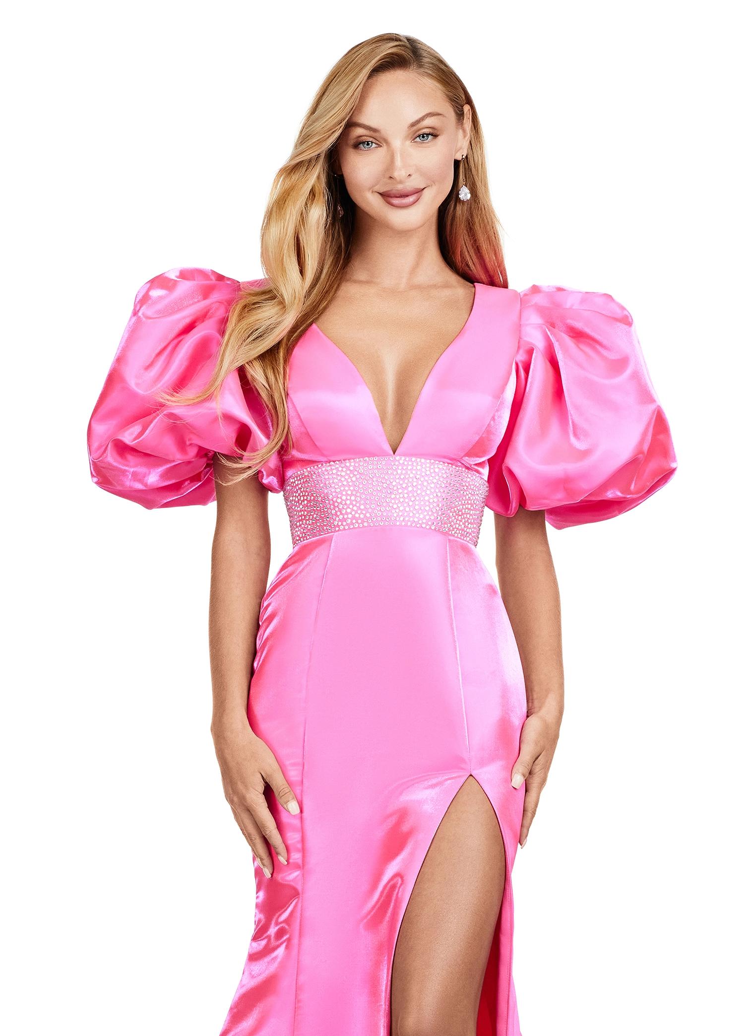 Front. Pink ASHLEYlauren 11379 Shimmer Satin Fitted Gown with V-Neckline, Lace-Up Back, Oversized Puff Sleeves, and Scattered Heat Set Stone Waistband