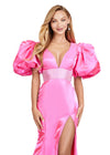 Front. Pink ASHLEYlauren 11379 Shimmer Satin Fitted Gown with V-Neckline, Lace-Up Back, Oversized Puff Sleeves, and Scattered Heat Set Stone Waistband