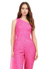 Front. Pink ASHLEYlauren 11384 eye-catching sequin jumpsuit featuring a one shoulder neckline, removable cape, open back with sequin straps, for a bold and glamorous statement look.