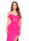 Front. Pink ASHLEYlauren 11391 standout evening gown featuring a sweetheart neckline, off shoulder straps, beaded corset details, and a sleek jersey skirt for an elegant and sophisticated look.