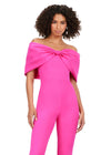 Front. Pink ASHLEYlauren 11414 chic scuba jumpsuit featuring an off shoulder neckline with an oversized bow for a bold and sophisticated statement look.