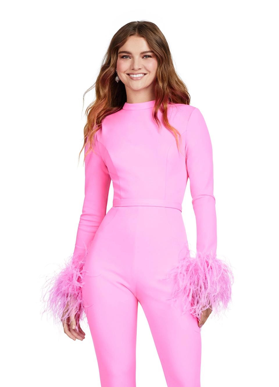 Front. Pink ASHLEYlauren 11441 statement scuba jumpsuit featuring a high neckline, dramatic feather cuffs, and an open back for a bold and sophisticated look.