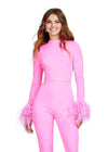 Front. Pink ASHLEYlauren 11441 statement scuba jumpsuit featuring a high neckline, dramatic feather cuffs, and an open back for a bold and sophisticated look.