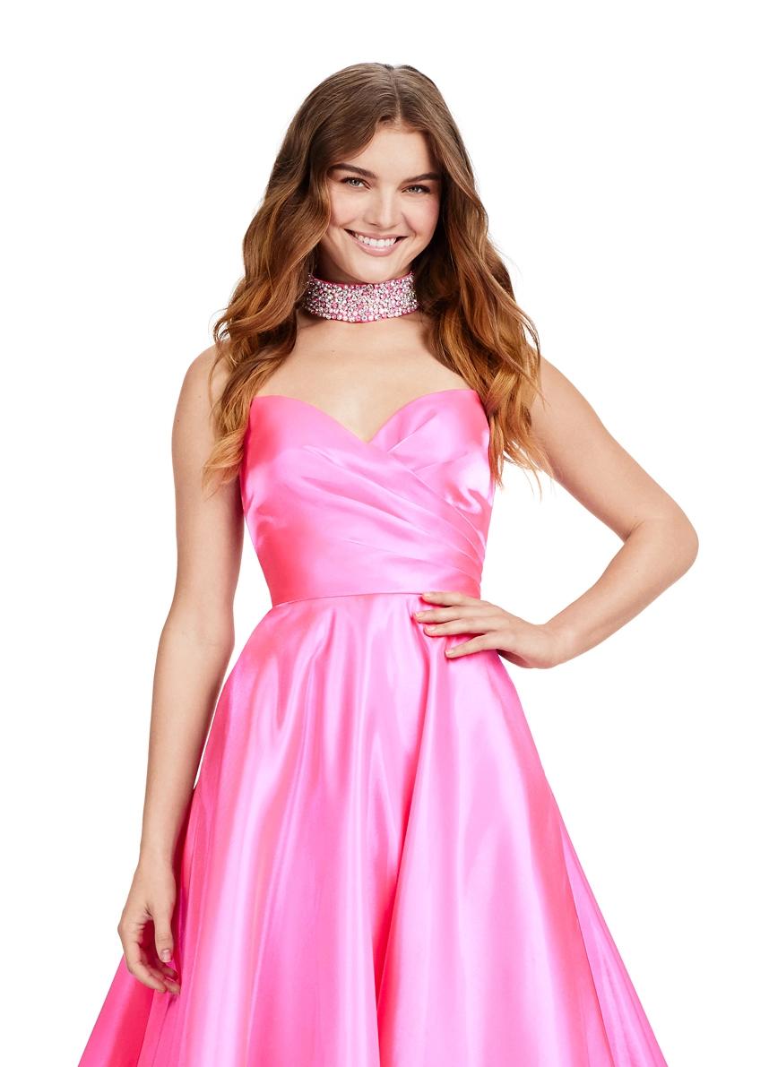 Front. Pink ASHLEYlauren 11473 elegant A-line satin ball gown featuring a strapless sweetheart neckline, ruched bustier, and a fully beaded matching choker for a timeless and glamorous look.