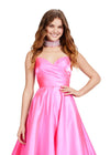 Front. Pink ASHLEYlauren 11473 elegant A-line satin ball gown featuring a strapless sweetheart neckline, ruched bustier, and a fully beaded matching choker for a timeless and glamorous look.