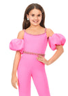 Front. Pink ASHLEYlauren Kids 8164 stylish scuba jumpsuit featuring a crew neckline, off shoulder puff sleeves, beaded neckline and waistband for a perfect blend of classy and fabulous.