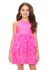 Front. Pink ASHLEYlauren Kids 8176 fabulous feather cocktail dress featuring a crew neckline, open back, crystal-encrusted waistband, and a full feather skirt accented with scattered crystals for a glamorous and standout look.