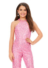 Front. Pink ASHLEYlauren Kids 8194 runway-ready fully beaded jumpsuit featuring a halter neckline and fringe detailing throughout for the perfect amount of movement and glamour.