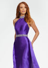 Front. Purple ASHLEYlauren 11148 High Neck Mikado Column Gown with Open Back, Beaded Neckline and Belt, and Attached Overskirt