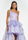 Front. Purple ASHLEYlauren 11159 One-Shoulder High-Low Gown with Beaded Strap, Ruffled Organza Tiers, and Dramatic Silhouette