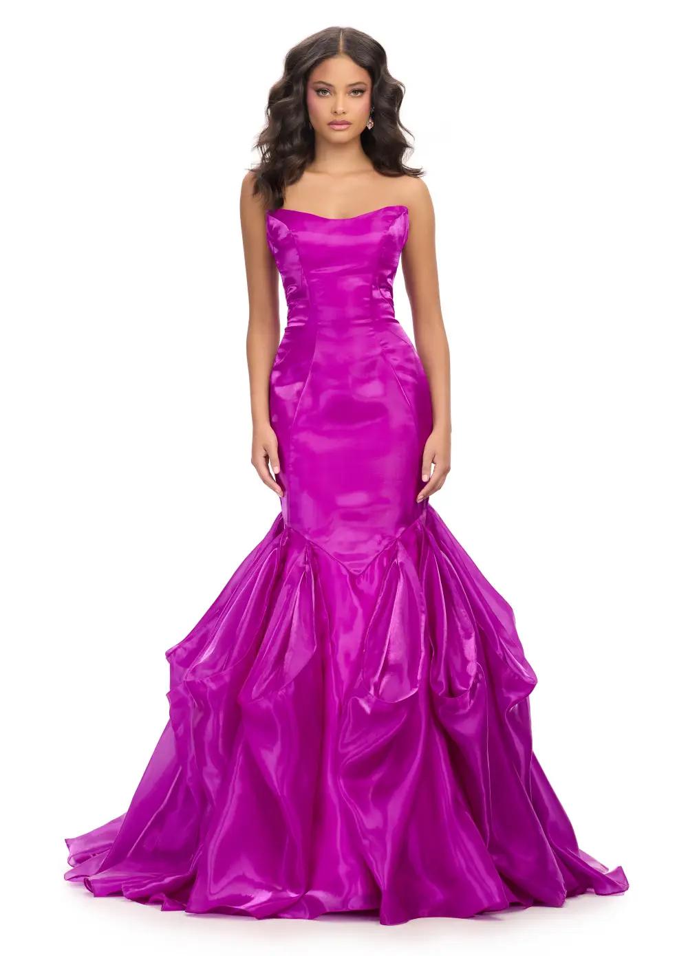 Front. Purple ASHLEYlauren 11733 glamorous strapless gown featuring a sweetheart neckline, shiny organza fabric, fit and flare silhouette, and a dramatic ruffle mermaid skirt for an elegant and show-stopping look.