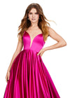 Front. Raspberry ASHLEYlauren 11250 elegant satin ball gown featuring an illusion V-neckline, strapless design, full A-line skirt with pockets, and a sweeping train for a timeless and sophisticated look.