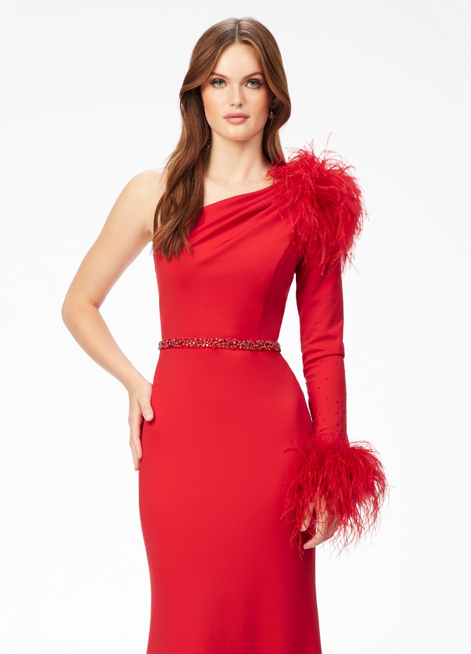 Front. Red ASHLEYlauren 11131 One-Shoulder Scuba Gown with Feather Details, Heat-Set Stones, Crystal Belt, and Elegant Train